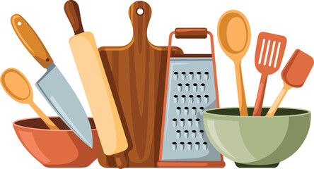 Kitchen cooking tools illustration set featuring knives, cutting boards, rolling pin, grater, bowls, and wooden utensils in modern vector style