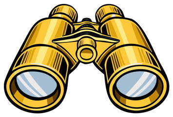 Pair of gold colored binoculars with eye lenses, looking through optical lenses