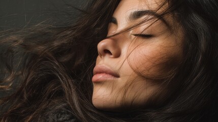 A woman sits with her eyes closed allowing her long hair to flow freely. The focus is on her calm expression and the background remains simple and unobtrusive during this intimate moment.