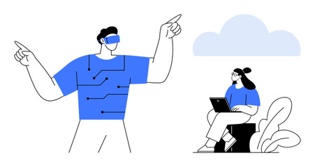 Virtual reality concept. A man interacts with virtual reality while a woman uses a laptop connected to cloud computing. Virtual reality explores digital innovation. Great for tech presentations