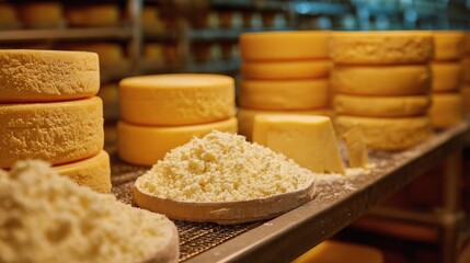 Cheese production in a factory with blocks and ground cheese displayed on shelves at a production facility