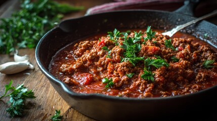 Fototapeta premium Ground meat with tomato sauce and parsley served in a cast iron skillet on a wooden table during dinner preparation