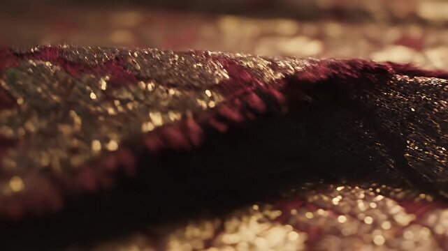Close-up view of a luxurious golden and red patterned fabric.