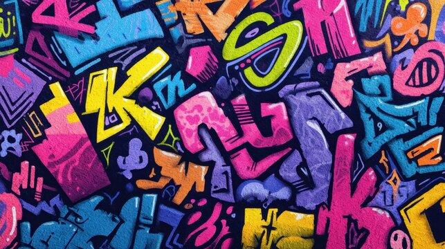 A colorful graffiti of letters and numbers. The letters are in different colors and sizes. The image has a vibrant and energetic mood, with the graffiti appearing to be a form of art
