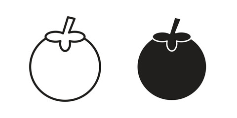 Mangosteen icons. Solid black silhouette and line art outline. Minimal design element,