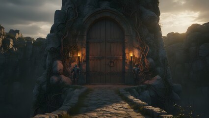 Ancient Cave Entrance with Torches at Night.