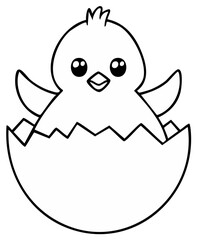 Obraz premium Simple cartoon chick emerging from a cracked egg illustration in black outline.