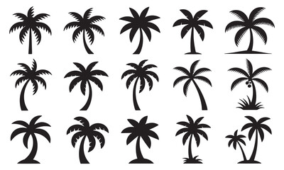 Black palm trees set isolated on white background. Palm silhouettes. Design of palm trees for posters, banners and promotional items. Vector illustration