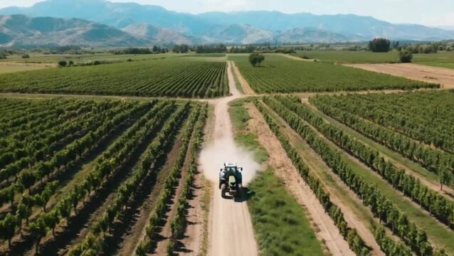 Drone shot of tractor driving through Chilean farmland vineyards on dirt road, agricultural landscape motion video.