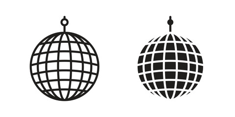Mirror ball icons. Solid black silhouette and line art outline. Minimal design element,