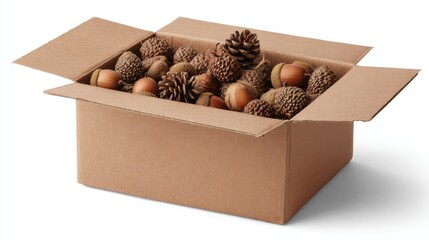 Cardboard box filled with various natural items like acorns and pinecones in a simple indoor setting