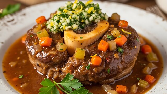 Classic Italian Ossobuco Dish with Gremolata Garnish, Braised Veal Shank in Tomato and Vegetable Sauce.