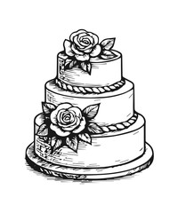 Simple hand drawn wedding cake sketch, engraved sweet food illustration.