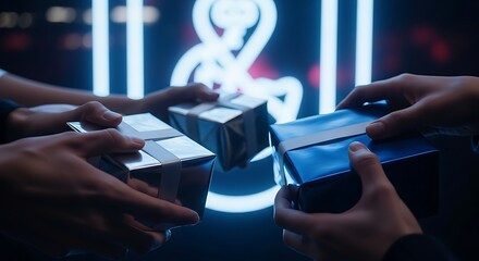 Diverse hands rapidly unwrap high-tech metallic holiday gifts beneath dramatically blurred out-of-focus LED lights in a photorealistic, low-light cinematic shot.