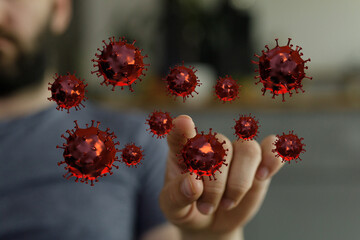 Hand reaching towards digitally rendered viruses, representing concepts like contagion, disease, and global pa