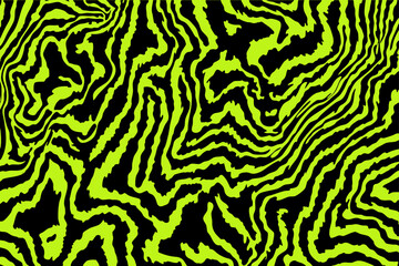 Fototapeta premium Bold abstract vector pattern with wavy, organic stripes in neon green and black, creating a high-contrast, energetic surface inspired by topographic lines and animal-print textures.