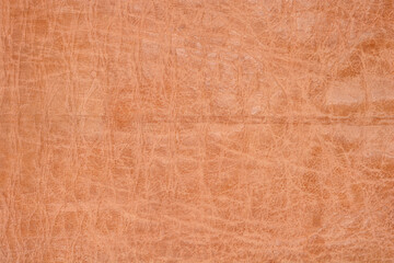A horizontal close-up shot of a textured light brown leather surface with visible fine cracks and wrinkles across the material