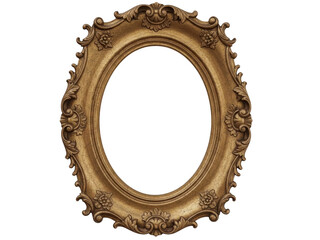 Ornate gold oval picture frame with intricate floral and leaf designs on a transparent background