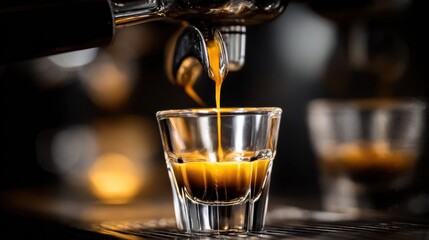 Fresh espresso is being extracted from a coffee machine in a cafe environment at a busy time of day