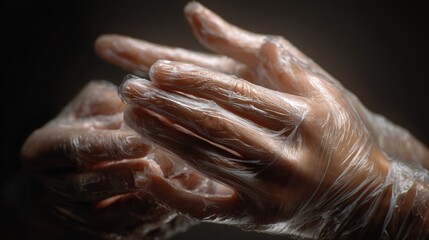 Hands covered in plastic gloves preparing to clean or handle materials in a controlled manner during a specific task or activity