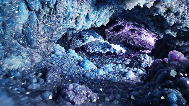 Mystical Crystal Cave Formations Glowing with Deep Blues and Purples, a Subterranean Natural Wonder