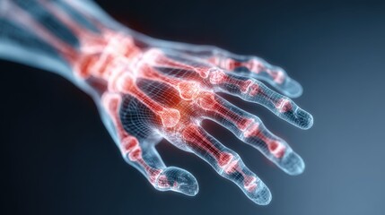 3D model of a human hand showing bones and joints with highlighted areas for better understanding of anatomy and movement