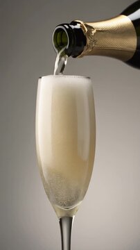 Glass engraved with the number 76. Champagne bottle fills the glass with alcohol. Celebrating milestone, anniversary or birthday