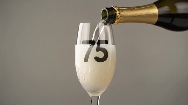 Glass engraved with the number 75. Champagne bottle fills the glass with alcohol. Celebrating milestone, anniversary or birthday