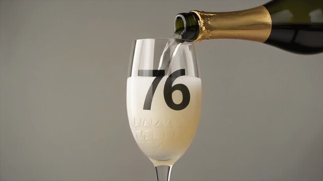 Glass engraved with the number 76. Champagne bottle fills the glass with alcohol. Celebrating milestone, anniversary or birthday