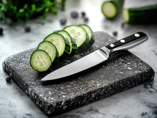 A sliced cucumber on the kitchen board .