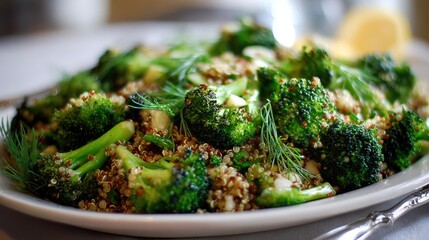 Fresh broccoli and quinoa salad served with lemon slices on a white plate at a home kitchen table