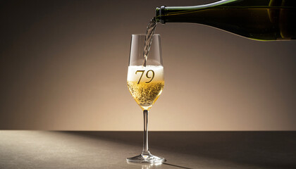 Glass engraved with the number 79. Champagne bottle fills the glass with alcohol. Celebrating milestone, anniversary or birthday