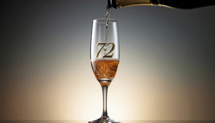 Glass engraved with the number 72. Champagne bottle fills the glass with alcohol. Celebrating milestone, anniversary or birthday