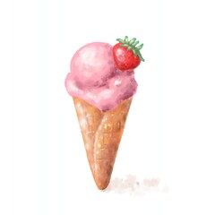 strawberry ice cream cone watercolor artwork