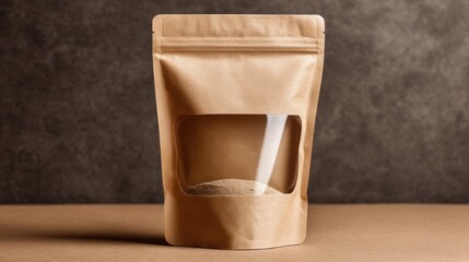 Brown paper bag contains powder on a table in a simple setting with a gray background showing texture and light reflections around it