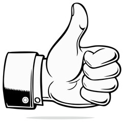Black and white cartoon hand giving a thumbs up gesture of approval or like