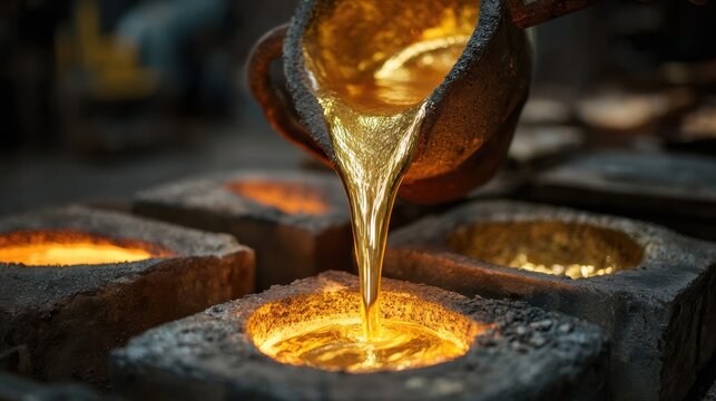 Molten metal pours from a container into a mold in a foundry setting during a metal casting process in the early hours of the morning - Powered by Adobe
