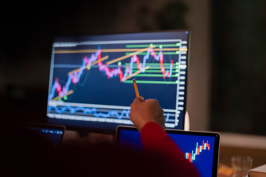 A person points at a financial chart on a computer screen, analyzing market trends. Another screen shows a similar graph.