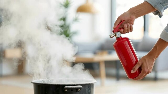 close up of a person using a red fire extinguisher to put out flames in a kitchen pot, releasing a cloud of suppressant during an emergency