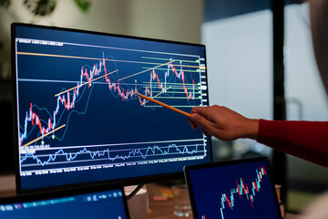 A person's hand holds a pencil, pointing at a financial chart on a computer screen, analyzing market trends.