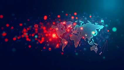 Global Digital Network Map with Data Connections and Cyber Security Alerts.