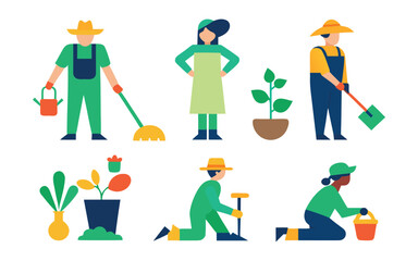 Flat Vector Illustration Set of Gardeners and Farmers Working with Plants and Tools