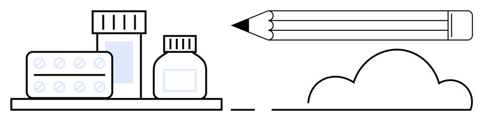 Healthcare, medication, creativity, imagination, productivity, brainstorming. Pills and bottles on a shelf, pencil cloud outline. Healthcare and creativity ideas with clarity