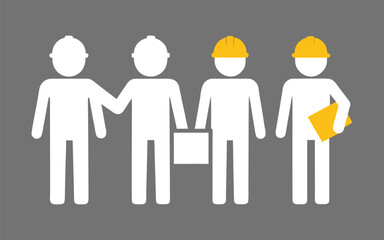 Construction Workers Collaboration: a group of construction worker in a minimalist, symbolic style, engaging in collaborative work or teamwork, each with a distinctive presence.