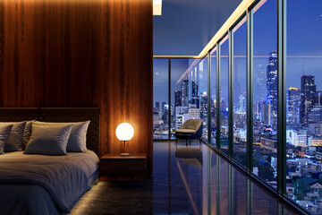 Ultra-luxurious, dark, and modern bedroom with stunning panoramic city skyline view at night 3d render
