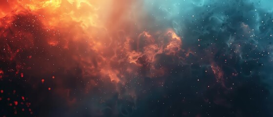Obraz premium Abstract cosmic background featuring a glowing nebula with orange and red light, particles, and deep space fog atmosphere.