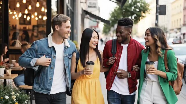 A group of teenagers chatting casually while walking in the city.