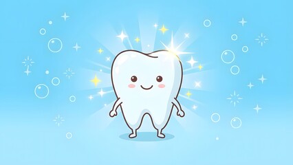 Cute Cartoon Tooth Character with Sparkles.