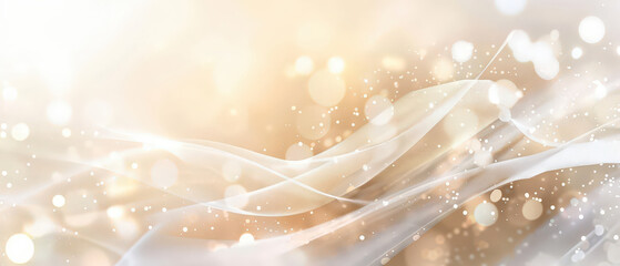 Abstract background with flowing beige silk or satin texture and dreamy white light sparkles, perfect for luxury or wedding themes.