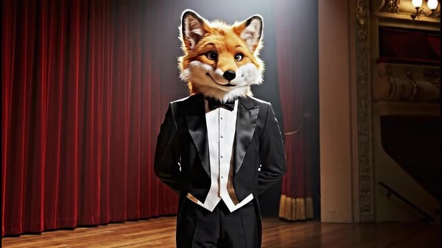 Elegant fox mascot in a tuxedo standing on a theater stage under a spotlight for a showtime and entertainment concept